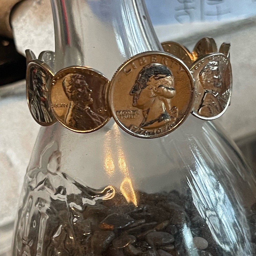 Cuff bracelet made from real coins this fun can be dressed up or casual